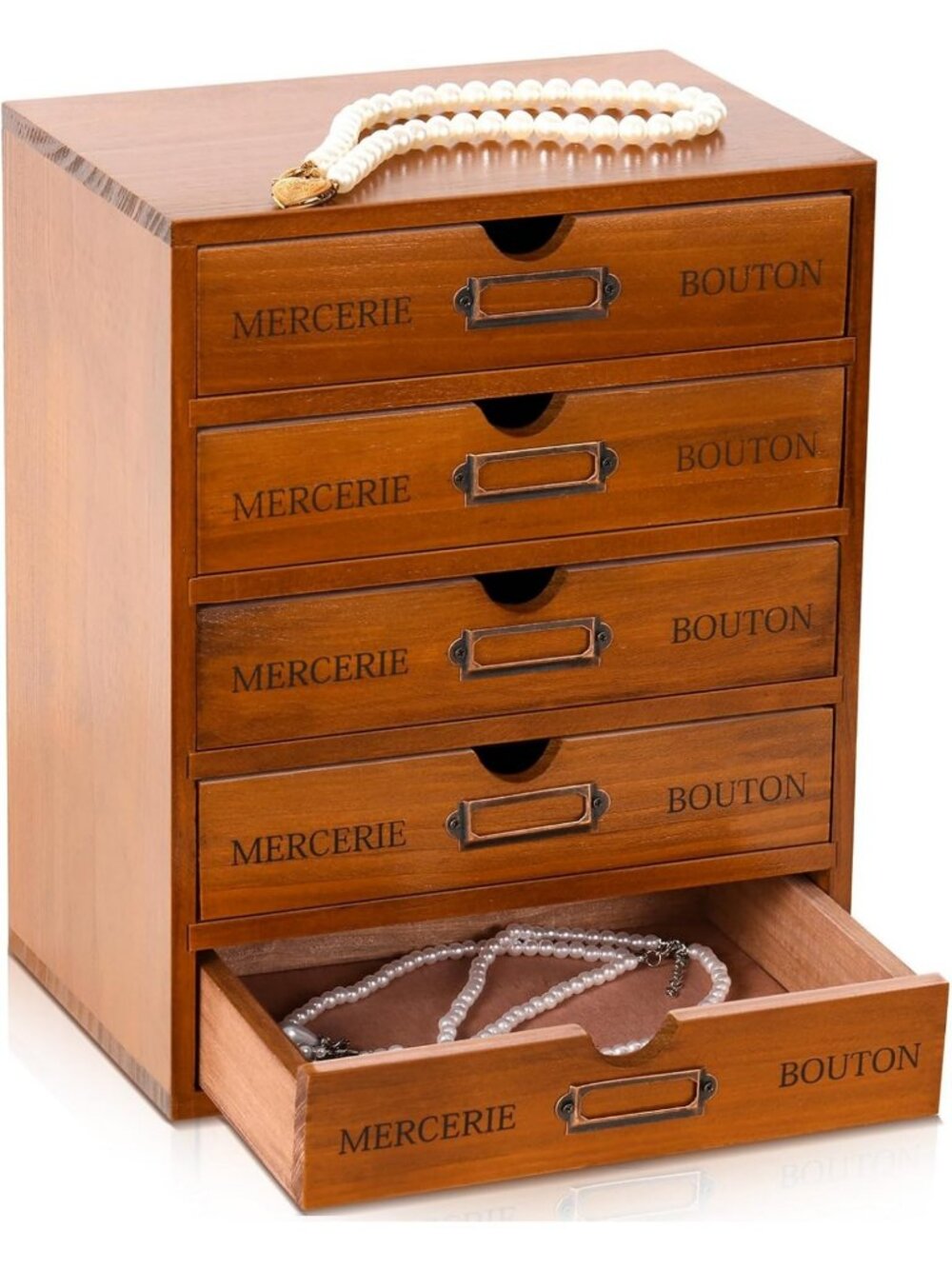 Vintage Wooden Desk Organizer with 5 Drawers, Stylish Makeup Storage, Brown